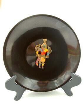 Vintage Couroc Hummingbird Kachina Warrior Black Plate Art Decor 7 3/4"
